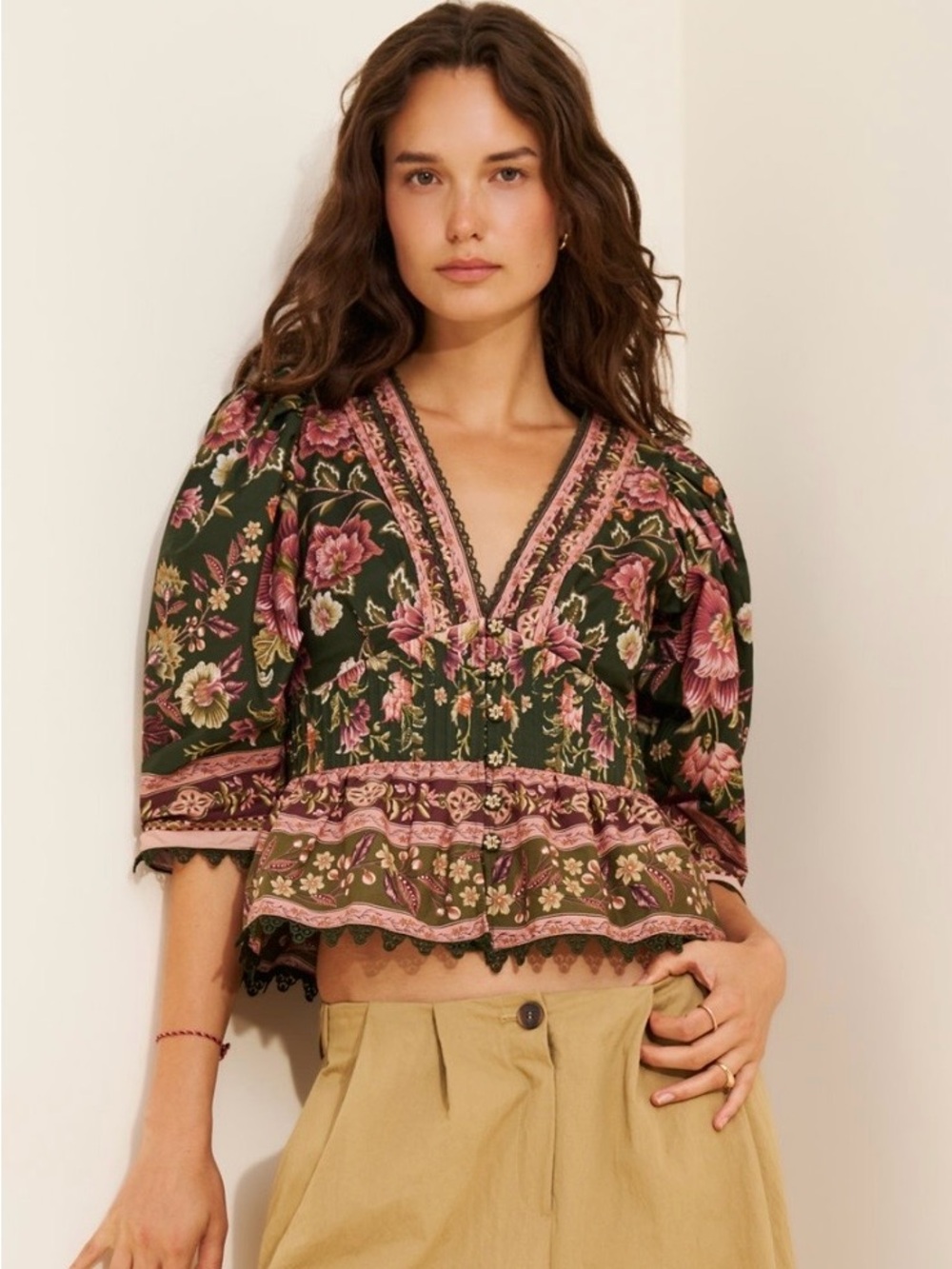 FARM Rio Olive Green and Pink Floral Peplum Blouse